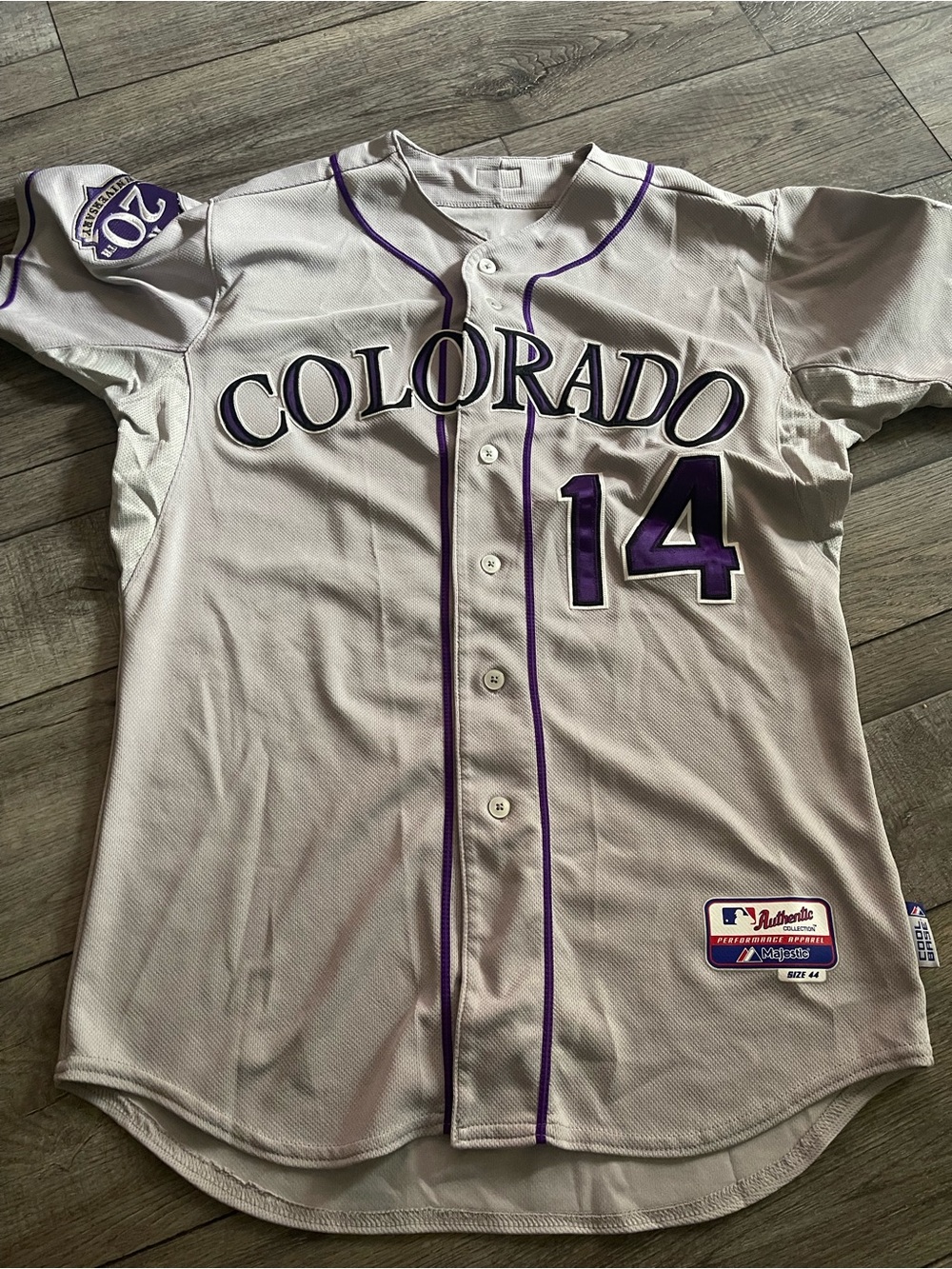 20th Anniversary Colorado Rockies Gray & Purple Baseball Jersey - Number 14 NWOT